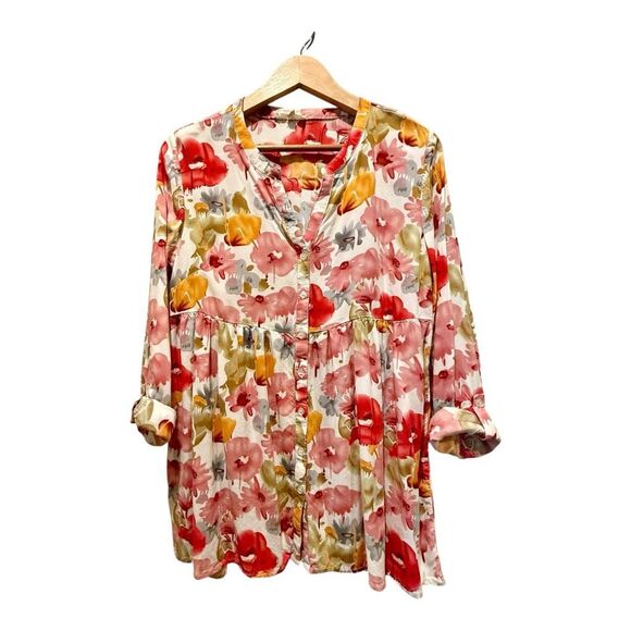 Christian Siriano Button Up Top Blouse Floral Size L Bright - Picture 1 of 12